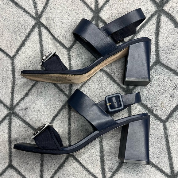 Tory Burch Navy Women's Delaney Embellished Leather Block Heel Sandals - Picture 9 of 16